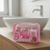 Kit Bagno doccia da Viaggio: Borsetta, Bagnoschiuma, Shampoo e Crema Corpo Fragola