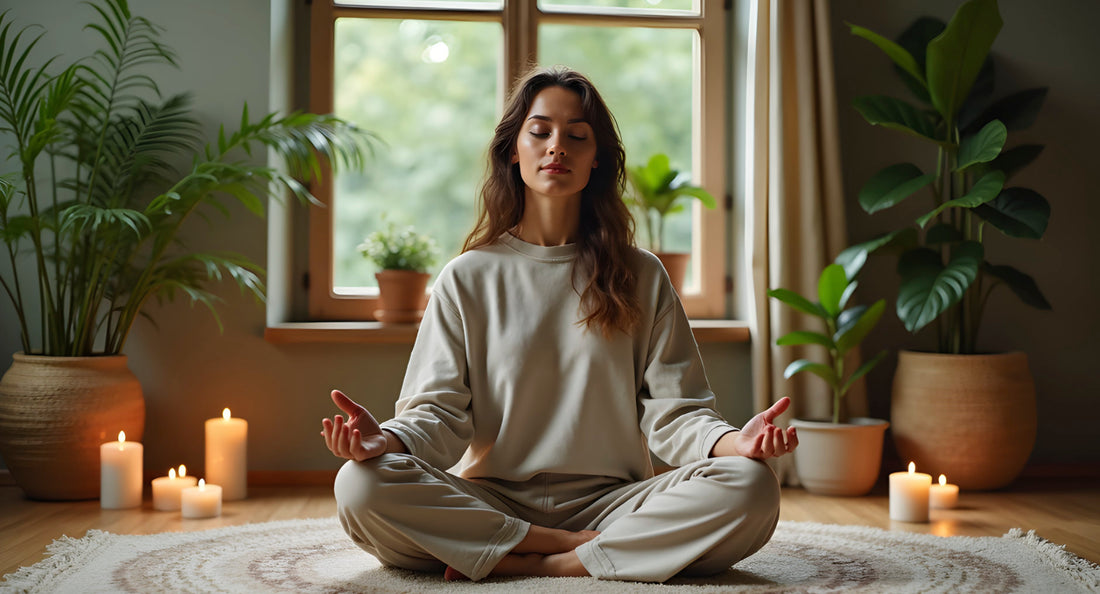 Ragazza che medita circondata da candele e incensi