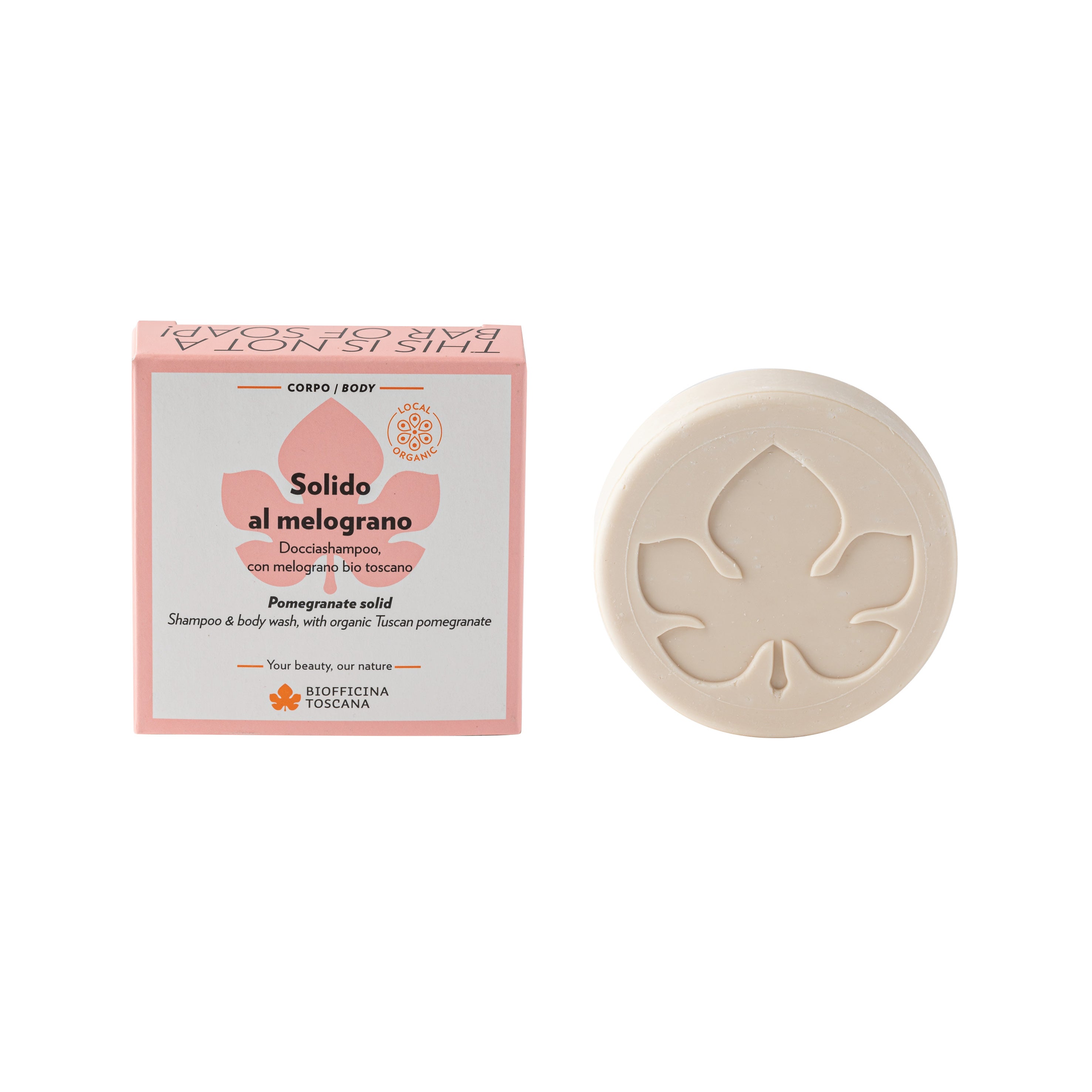 Solido al Melograno Biofficina Toscana: Detergente Corpo e Capelli la foto mostta il contenuto solido con il timbro biofficina toscana e la sua forma